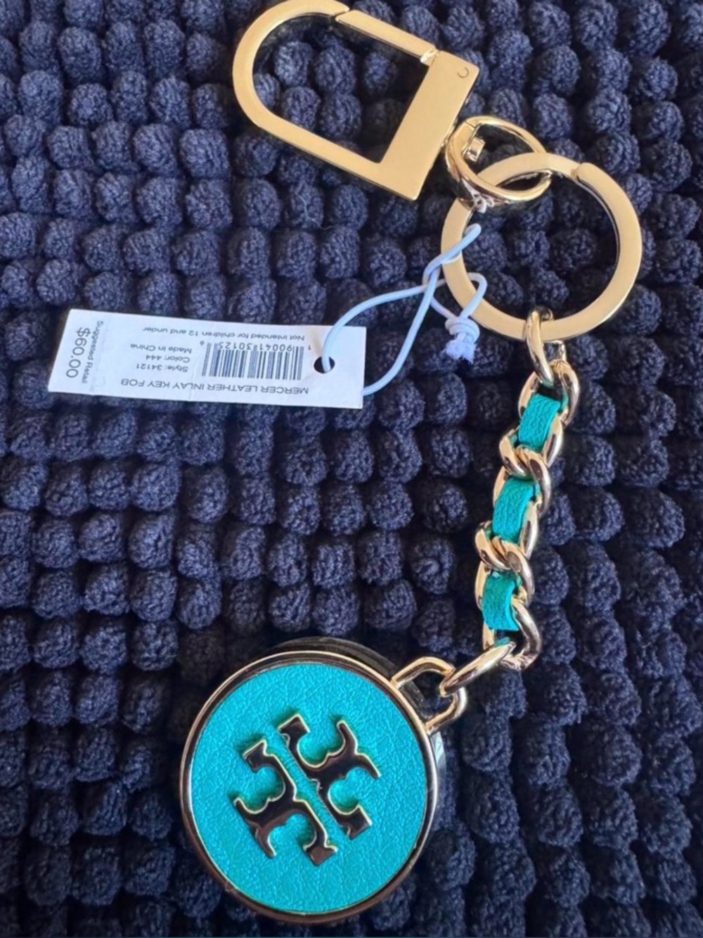 Tory Burch Turquoise Leather Logo Keychain/Keyfob with Gold-Tone Hardware